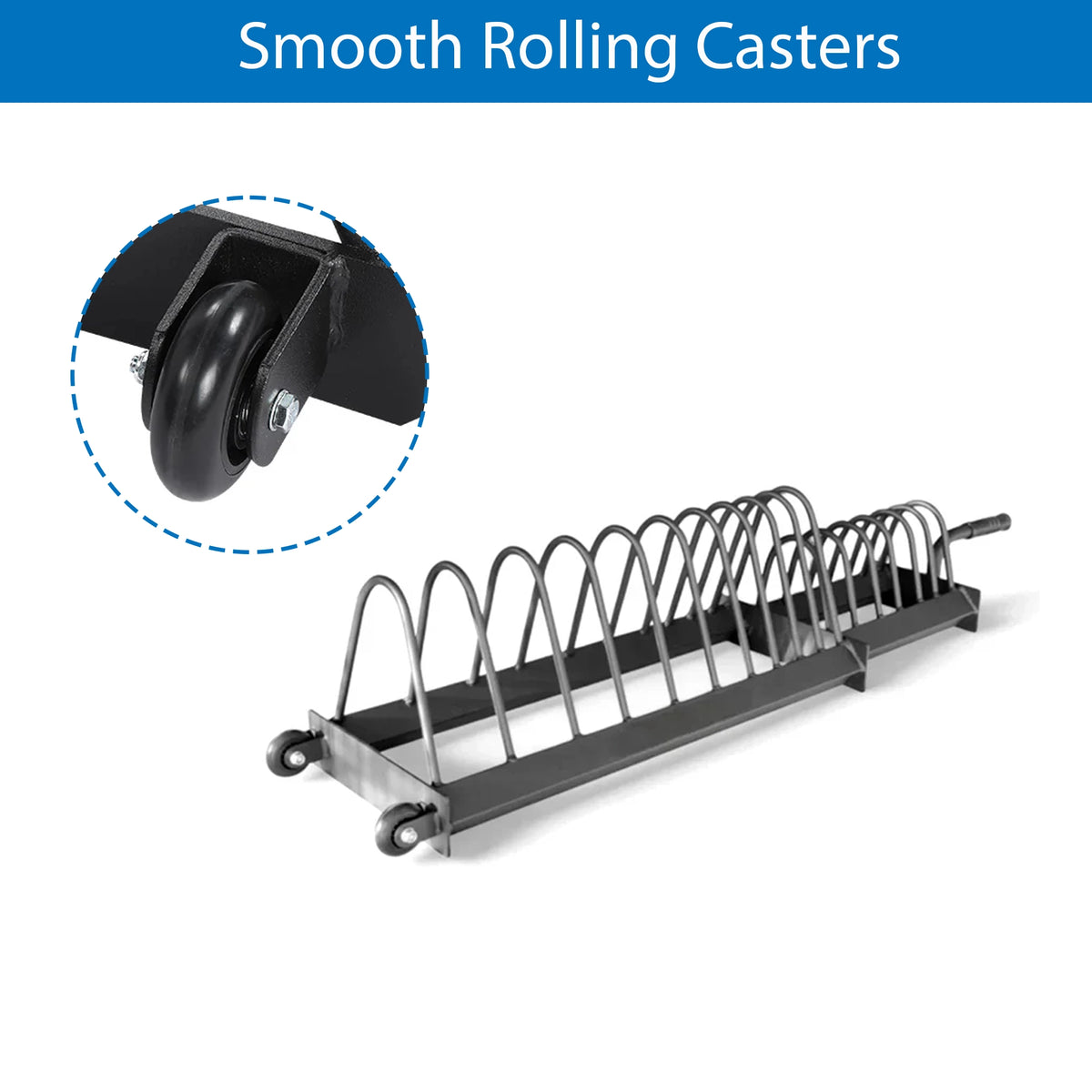 Metal bike rack with smooth rolling casters on a white background