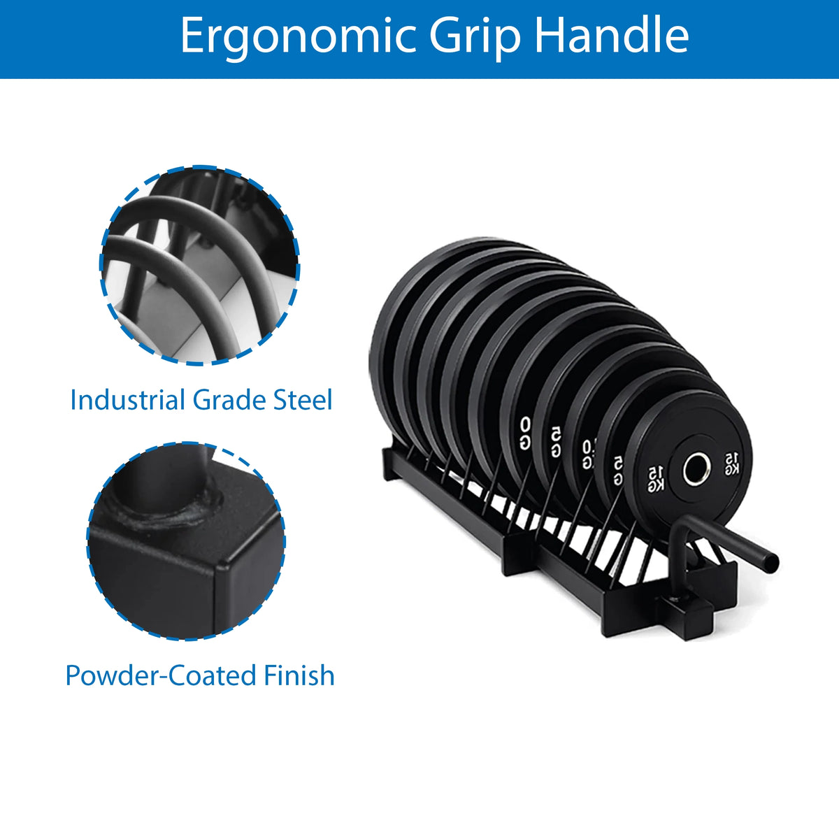 Black weight plate set with ergonomic grip handle, industrial grade steel, and powder-coated finish on a white background.