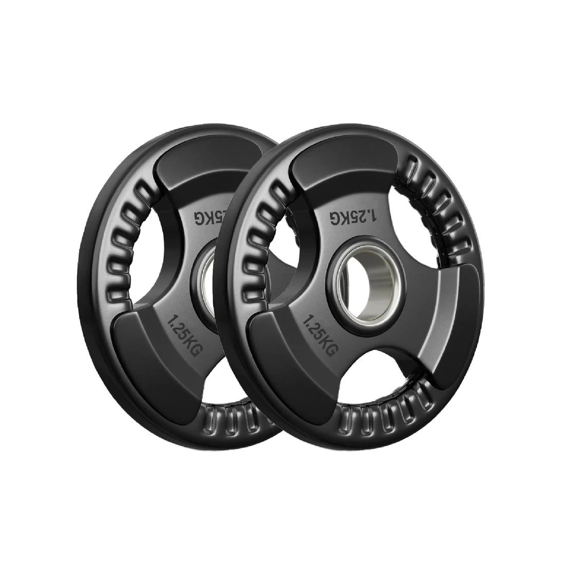 Two black weight plates with '1.25KG' marking on a white background