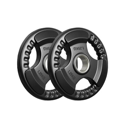 Two black weight plates with '1.25KG' marking on a white background