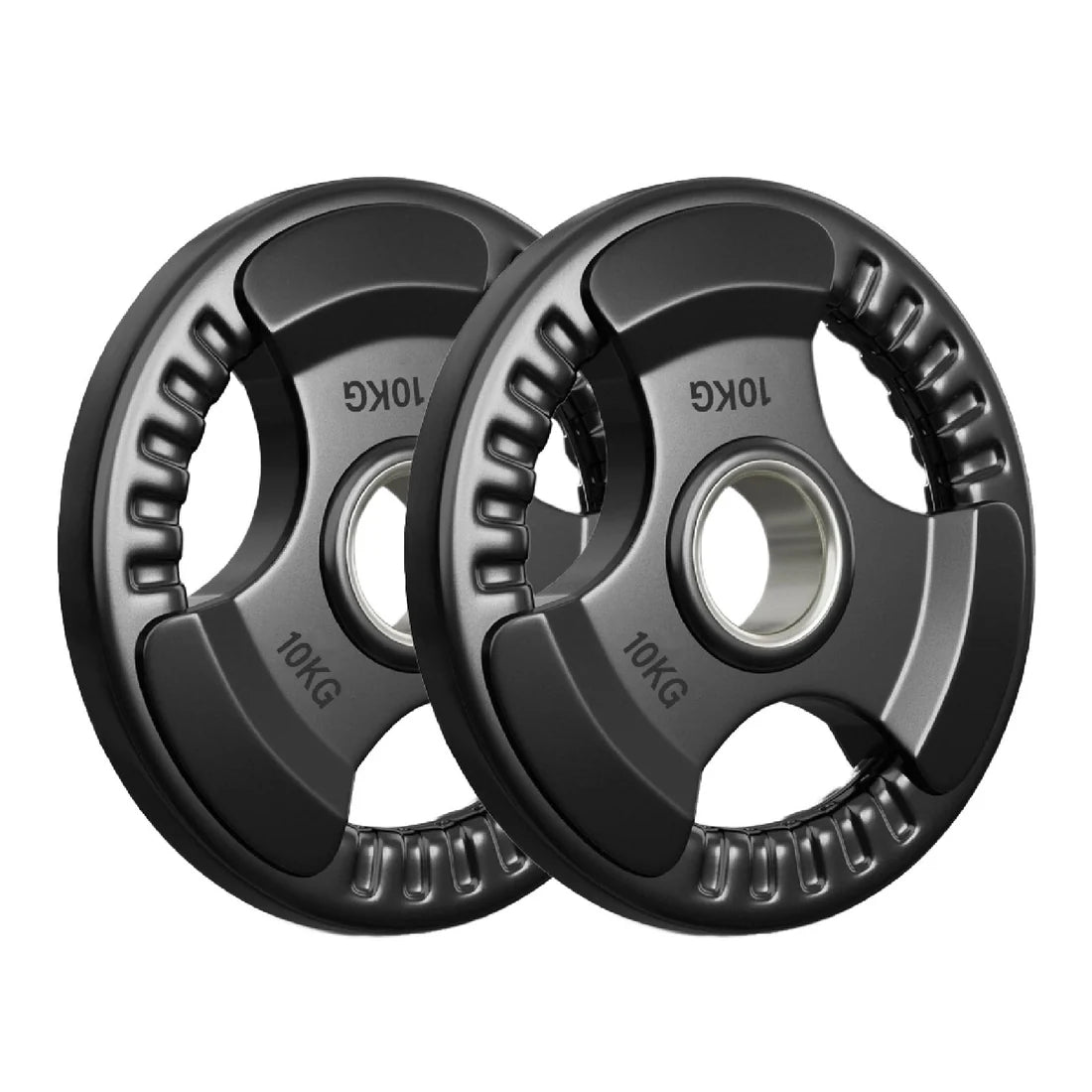 Two 10kg weight plates on a white background