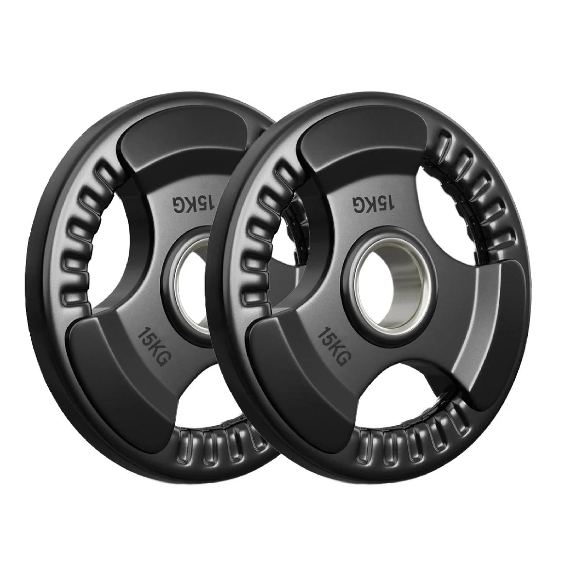 Two 15KG weight plates on a white background