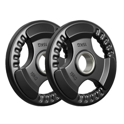 Two 15KG weight plates on a white background