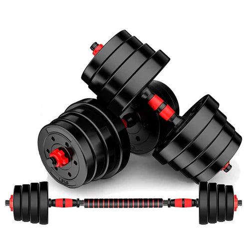 Pair of adjustable dumbbells with red accents on a white background