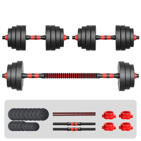 Barbell set with weights and connectors on a white background