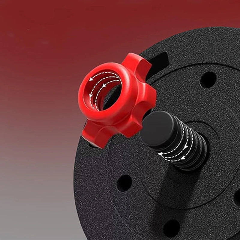 Dumbbells with red accents on a gray surface