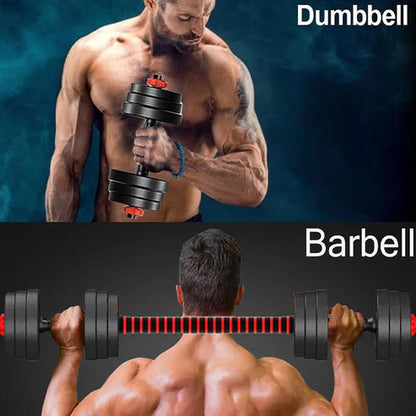 Two images showing a man lifting dumbbells and a barbell with text 'Dumbbell' and 'Barbell'.