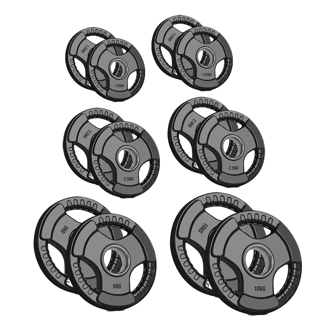 Set of gray weight plates on a white background