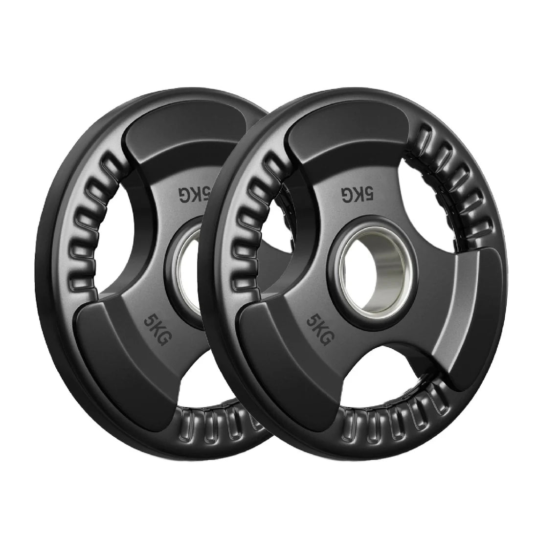 Two 5kg weight plates on a white background