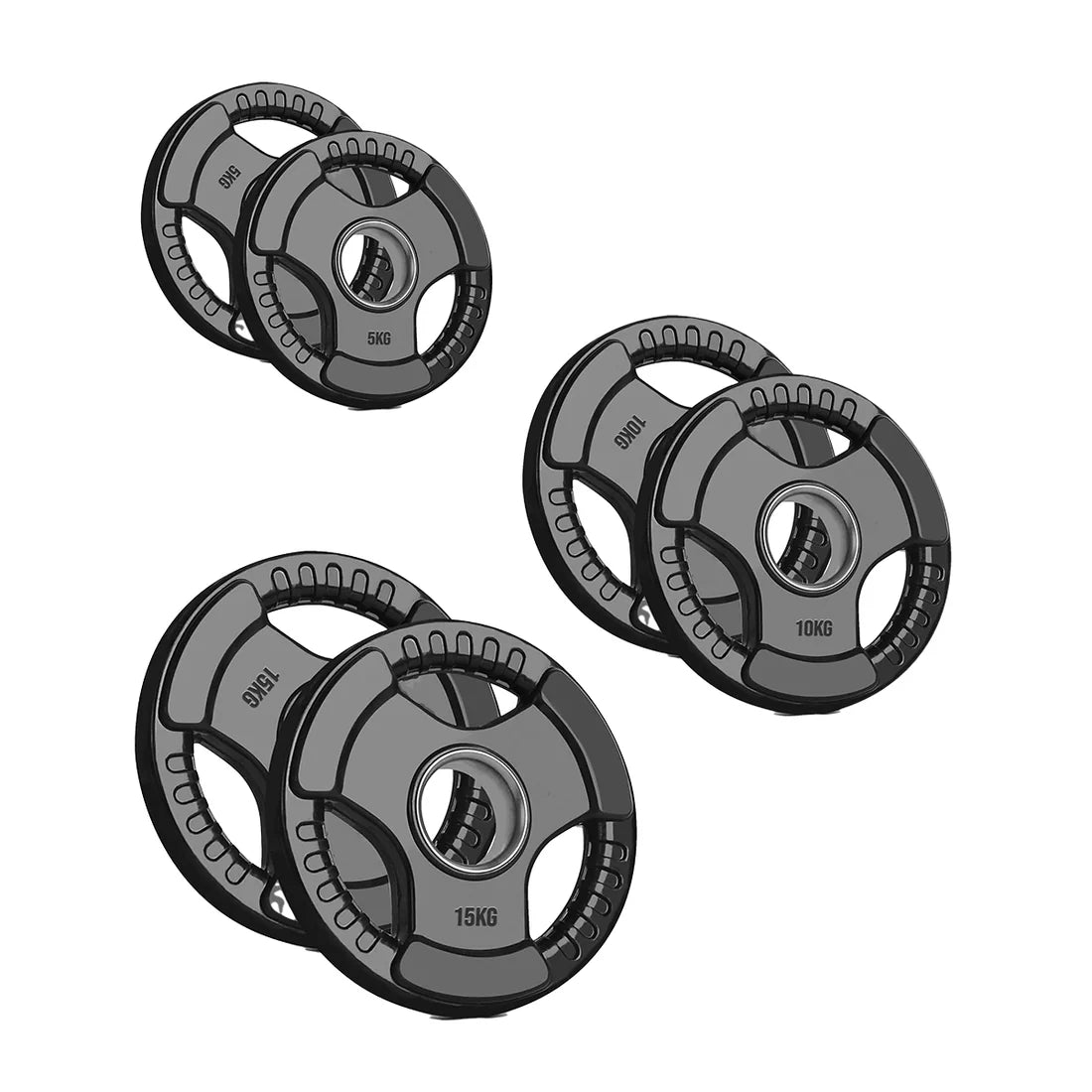 Set of weight plates with Grips on a white background