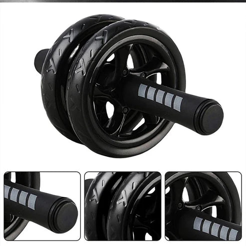Black ab roller with close-up insets on a white background