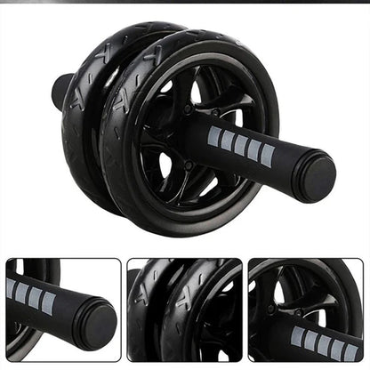 Black ab roller with close-up insets on a white background