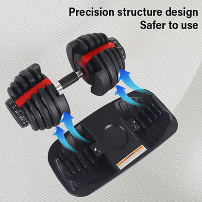 Pair of adjustable dumbbells with a base on a gray background, highlighting safety features.
