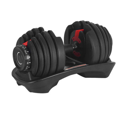 Pair of adjustable dumbbells on a white background