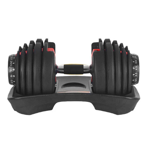 Pair of adjustable dumbbells on a white background