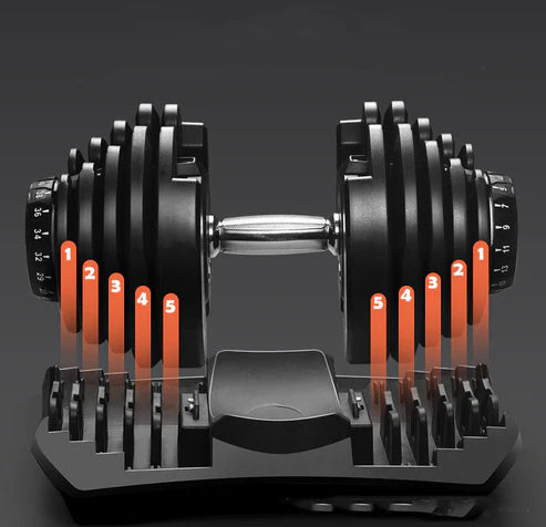 Pair of adjustable dumbbells with weight markers on a dark background