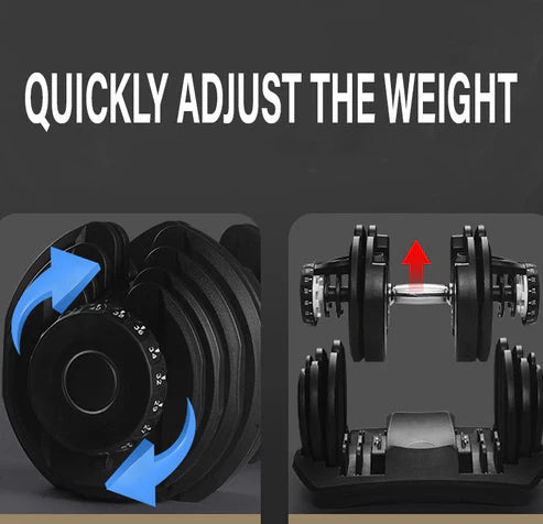 Dumbbell set with weight plates and text 'Quickly Adjust the Weight' on a dark background.