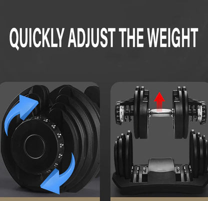 Dumbbell set with weight plates and text 'Quickly Adjust the Weight' on a dark background.