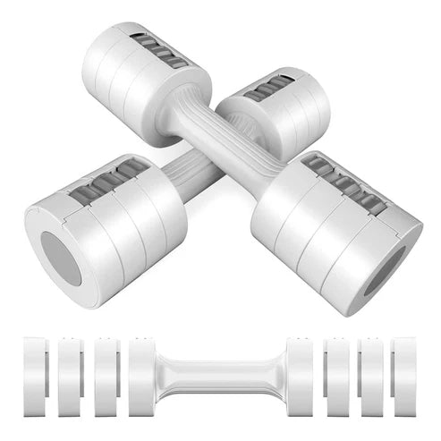 White dumbbells with digital displays on a pink surface