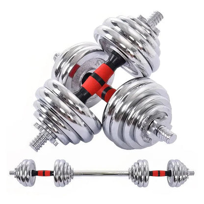 Set of adjustable dumbbells with a barbell on a white background