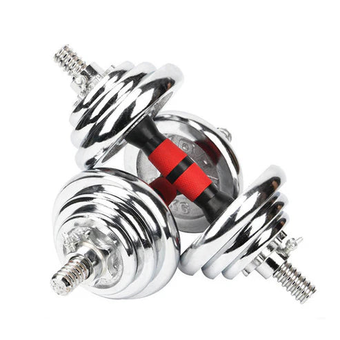 Chrome dumbbell set with red accents on a white background