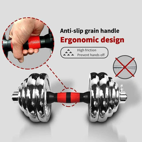 Dumbbell with anti-slip grain handle and ergonomic design on a gray background
