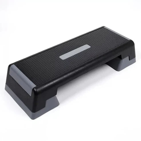 Black step platform with a brand label on a white background