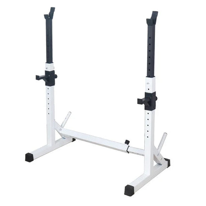 White weight lifting squat rack with black accents on a white background