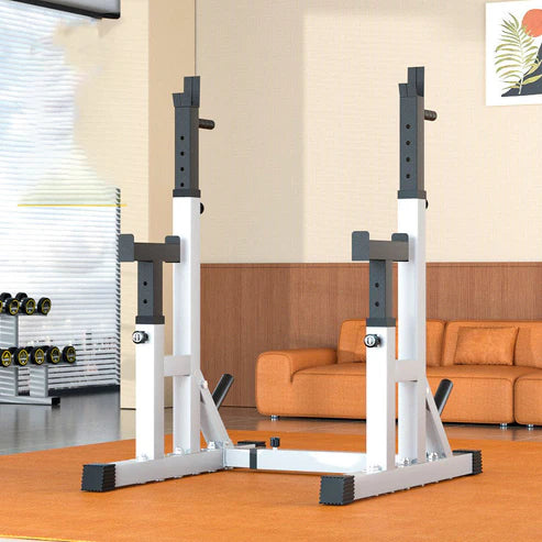 White weight lifting rack with black accents in a home setting.