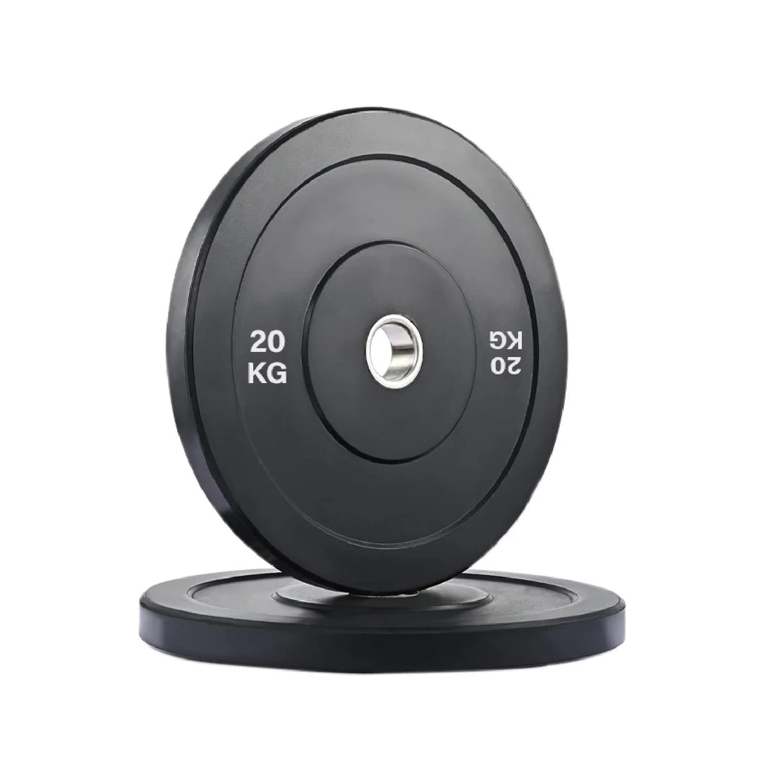 Pair of black weight plates with '20 KG' marking on a white background