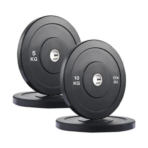 Two black weight plates with 5 kg and 10 kg markings on a white background