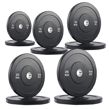 Set of weight plates with labeled weights on a white background