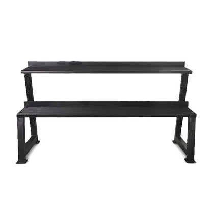 Black metal bench with two shelves on a white background