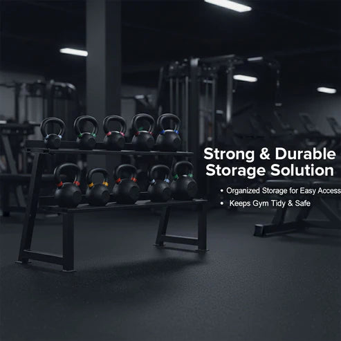 Kettlebell storage rack in a gym with text highlighting features