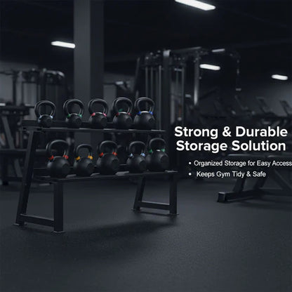 Kettlebell storage rack in a gym with text highlighting features