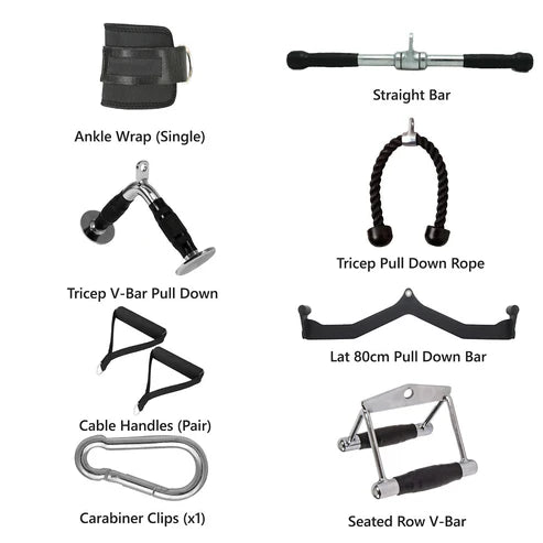 Set of fitness equipment including an ankle wrap, straight bar, tricep pull down rope, and other bars on a white background.