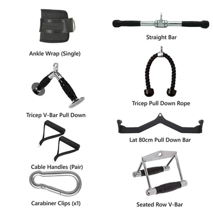Set of fitness equipment including an ankle wrap, straight bar, tricep pull down rope, and other bars on a white background.