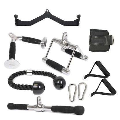 Collection of fitness equipment including resistance bands and anchors on a white background