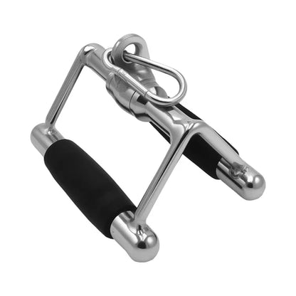 Metallic door handle with black rubber grip on a white background