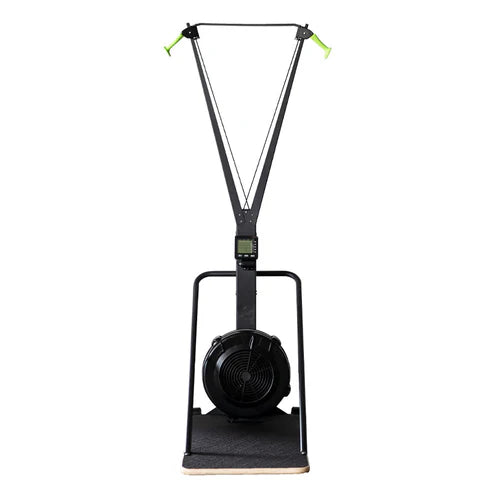 Black exercise bike with fan on a white background
