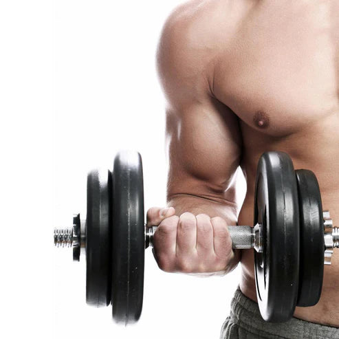 Person lifting a dumbbell with a white background