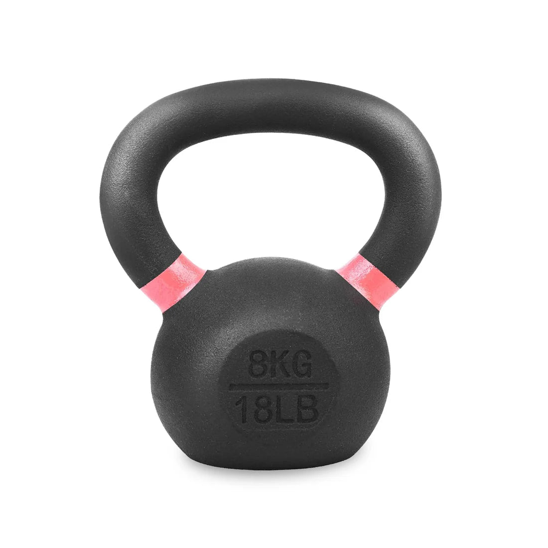 Black kettlebell with pink accents on a white background