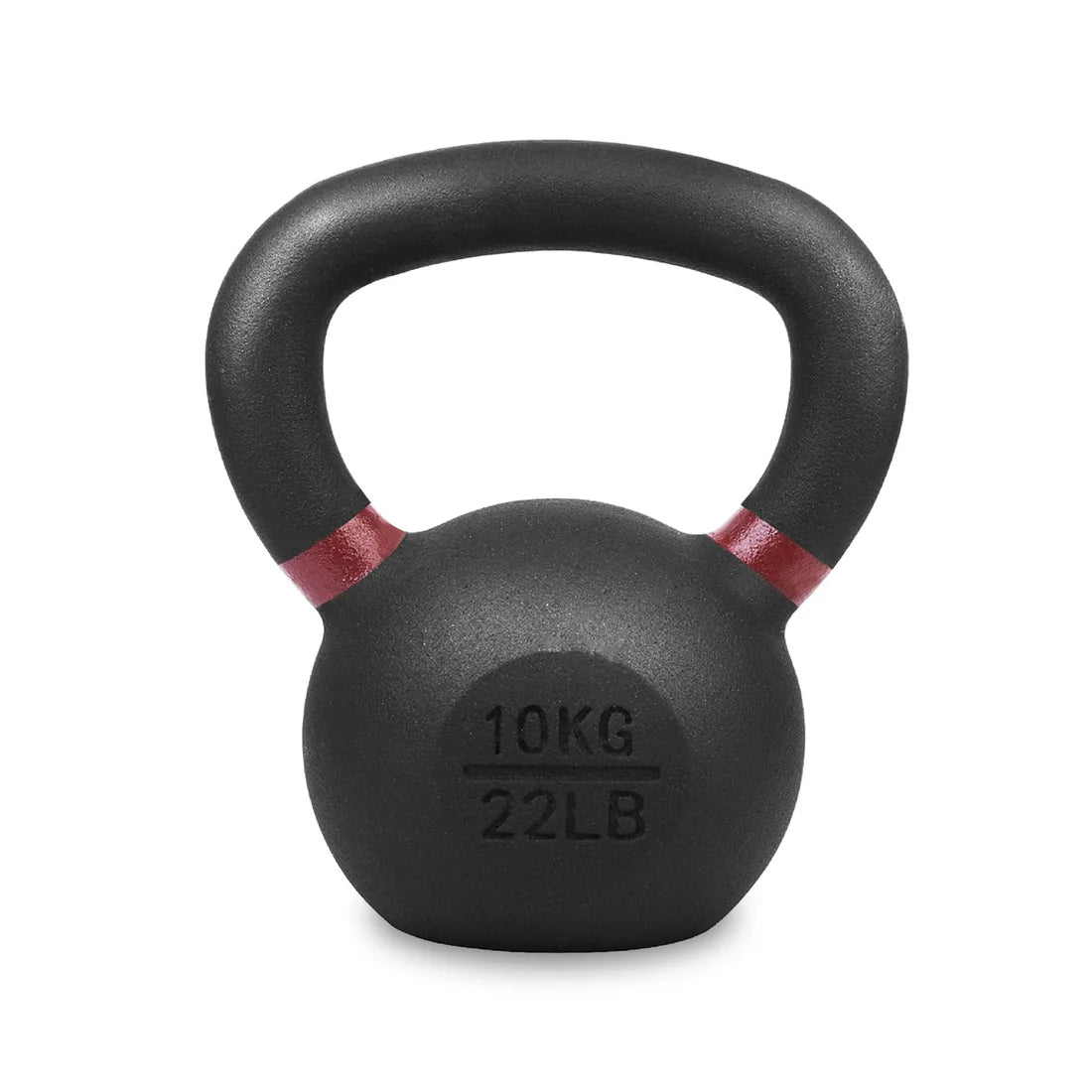 Black kettlebell with red accents and weight markings on a white background