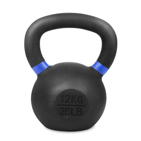Black kettlebell with blue accents and weight markings on a white background