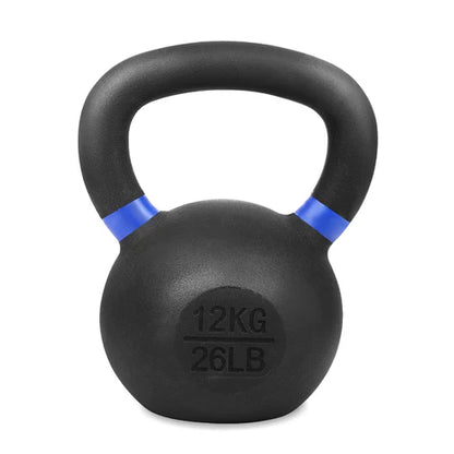 Black kettlebell with blue accents and weight markings on a white background