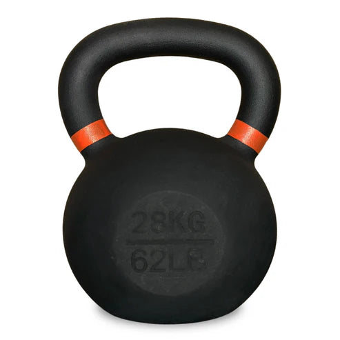 Black kettlebell with orange accents on a white background