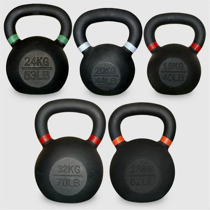Set of five black kettlebells with labeled weights on a light gray background