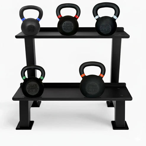 Black kettlebell rack with five kettlebells on a white background