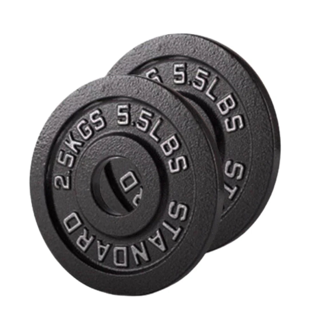 Two black weight plates with '5.5 lbs' and '20 kg' markings on a white background.