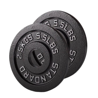 Two black weight plates with '5.5 lbs' and '20 kg' markings on a white background.